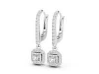 Asscher Pave Bar Halo Drop Earrings - White Gold