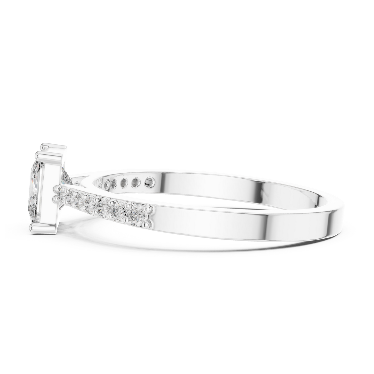 Princess-cut diamond thin pave solitaire engagement ring white gold angle view