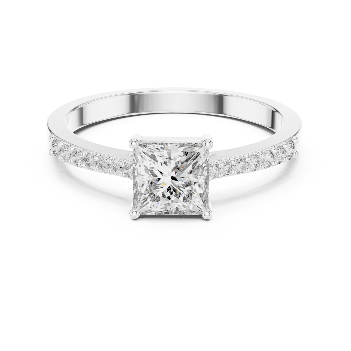 Princess-cut diamond thin pave solitaire engagement ring white gold detail view
