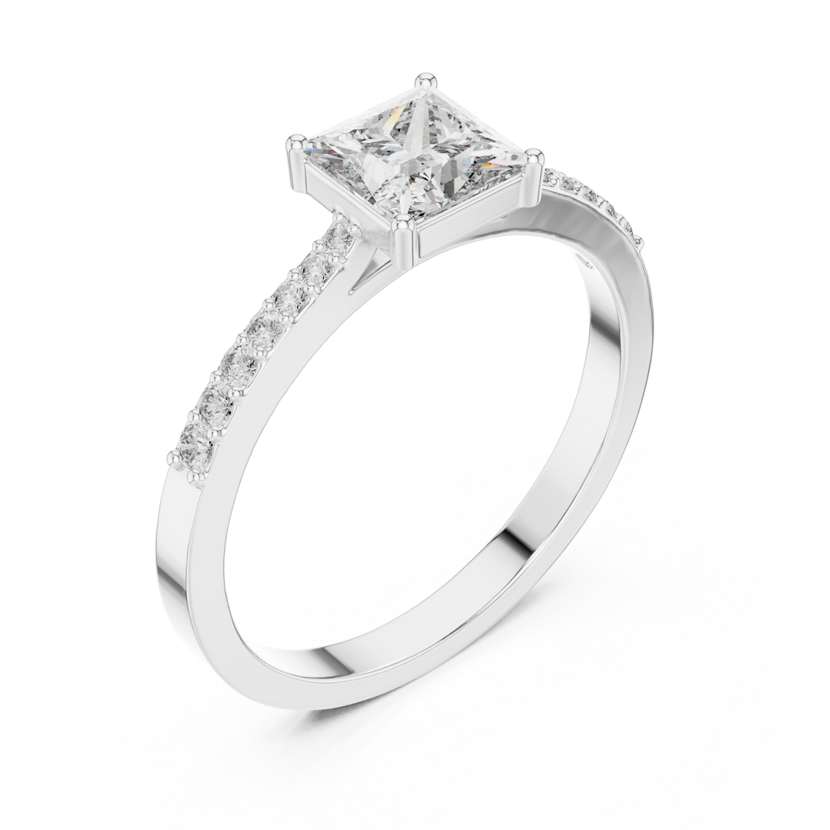 Princess-cut diamond thin pave solitaire engagement ring white gold front view