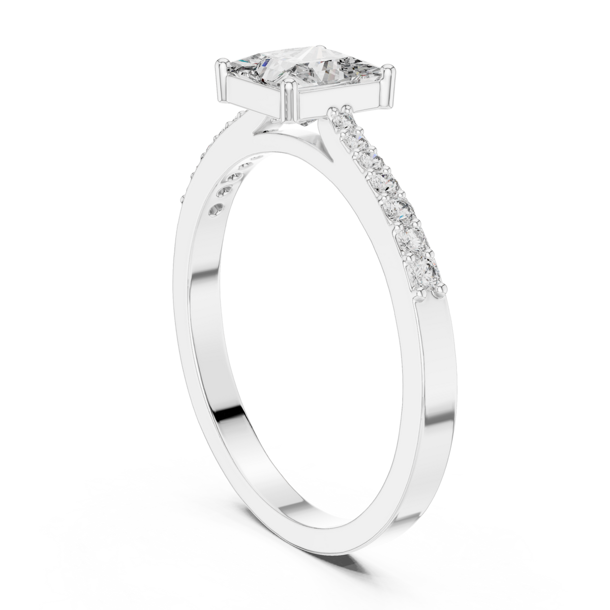 Princess-cut diamond thin pave solitaire engagement ring white gold side view