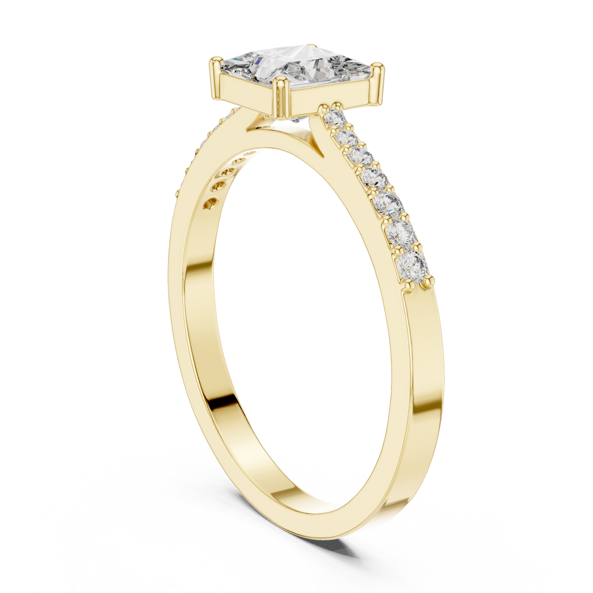 Princess-cut diamond thin pave solitaire engagement ring yellow gold side view