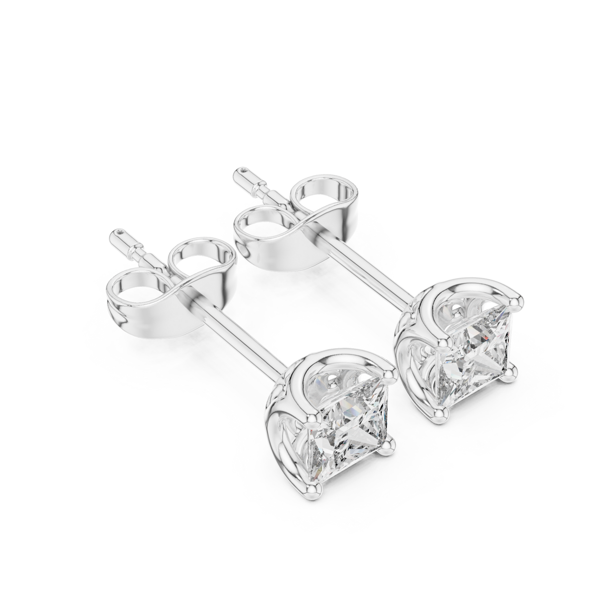  White Gold Princess-Cut Solitaire Studs Angle View