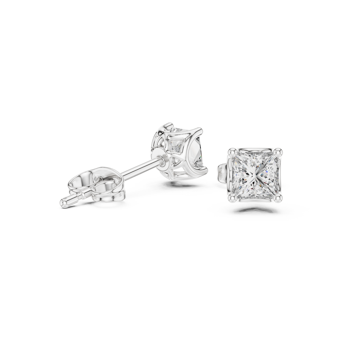  White Gold Princess-Cut Solitaire Studs Front View