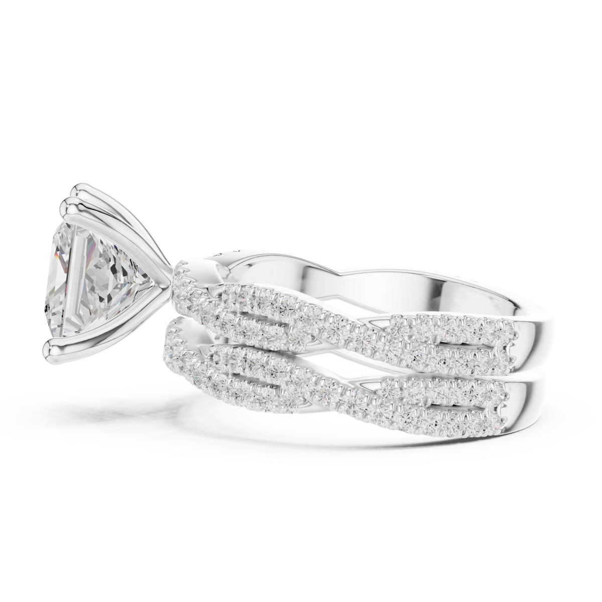 Princess-cut twisted pave solitaire bridal set white gold angle view