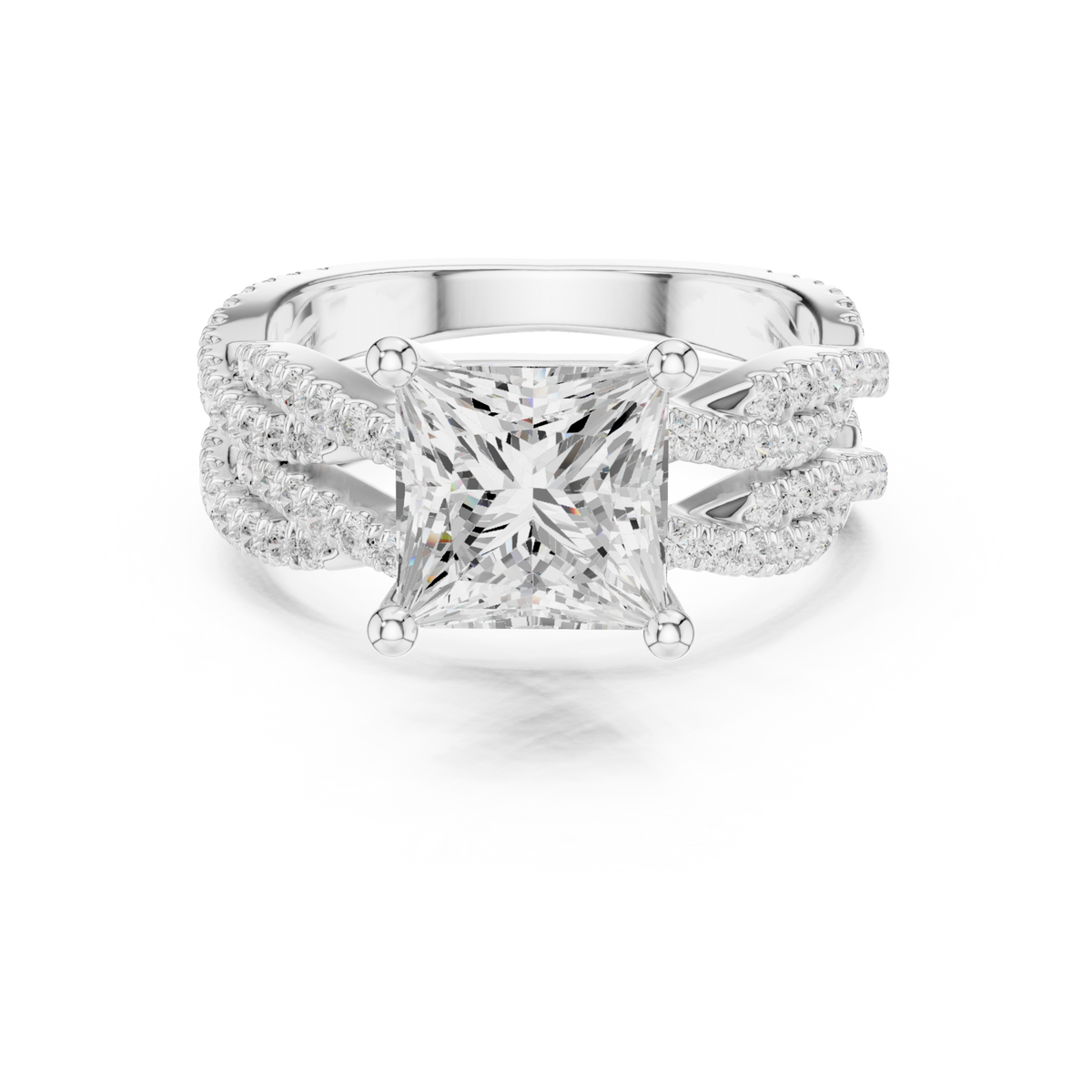 Princess-cut twisted pave solitaire bridal set white gold detail view