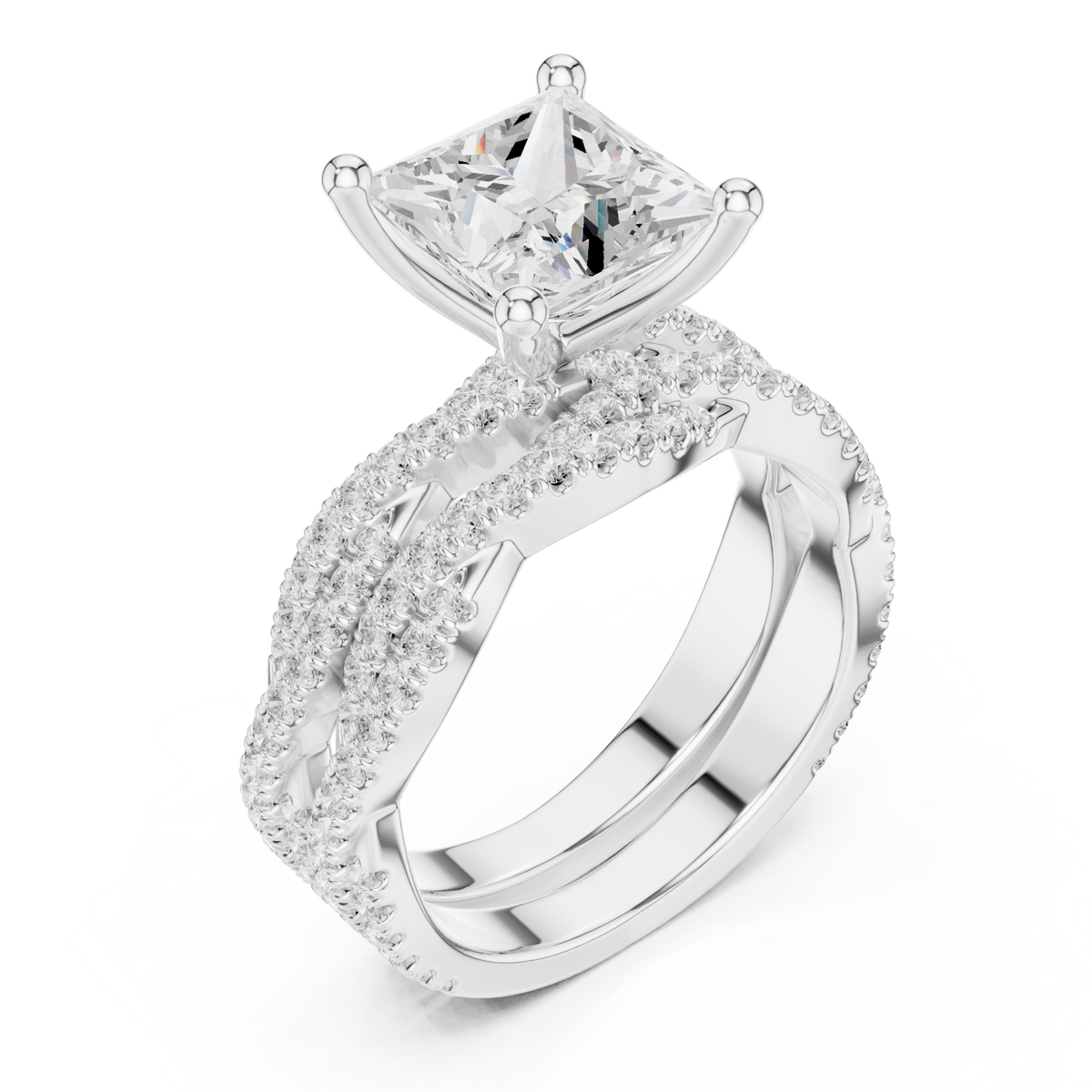 Princess-cut twisted pave solitaire bridal set white gold front view