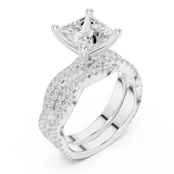 Princess-cut twisted pave solitaire bridal set white gold front view