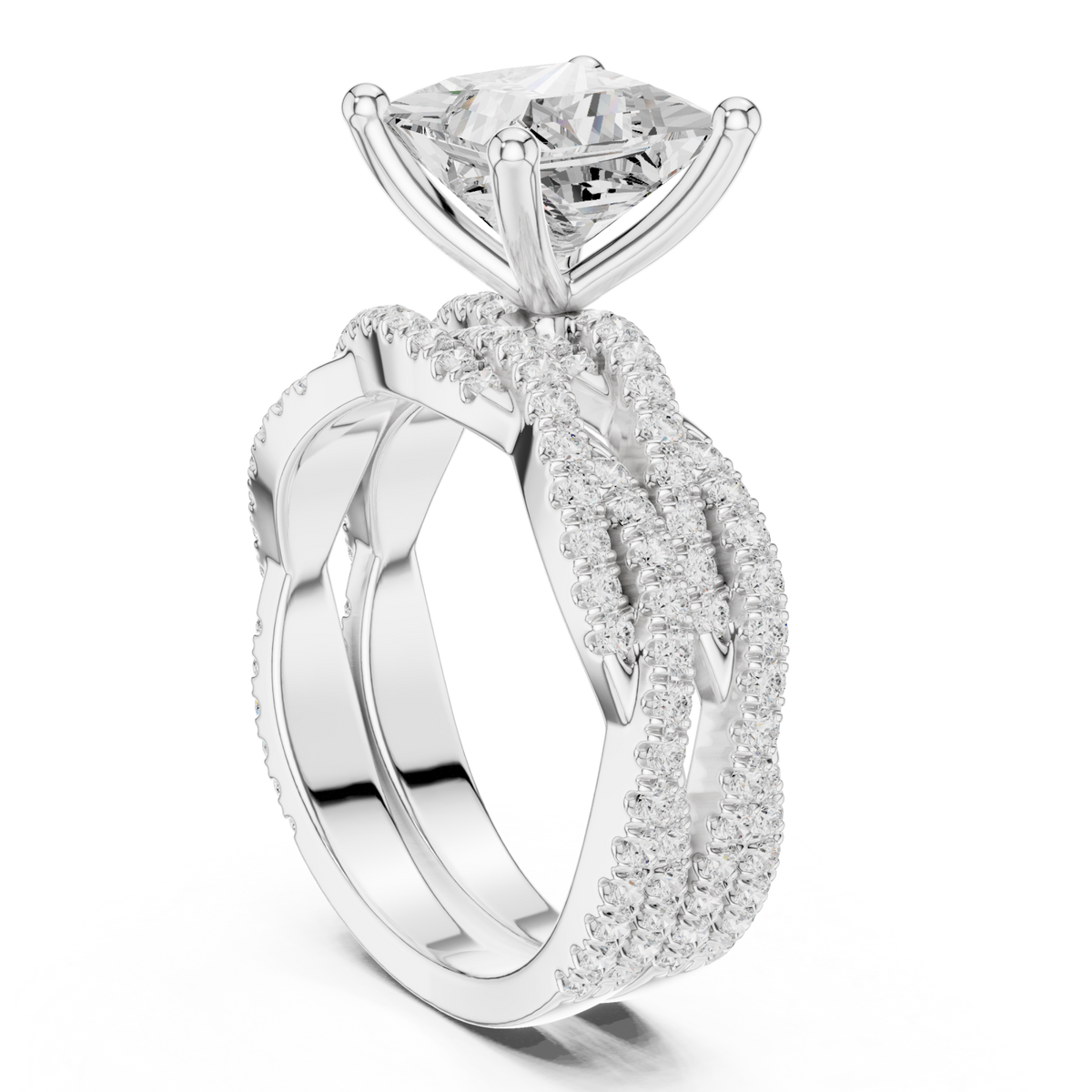 Princess-cut twisted pave solitaire bridal set white gold side view