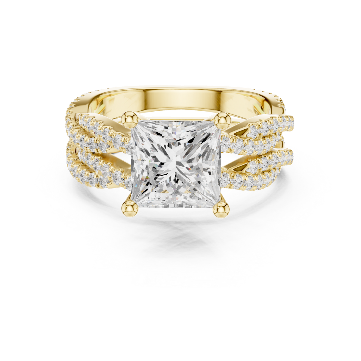 Princess-cut twisted pave solitaire bridal set yellow gold detail view