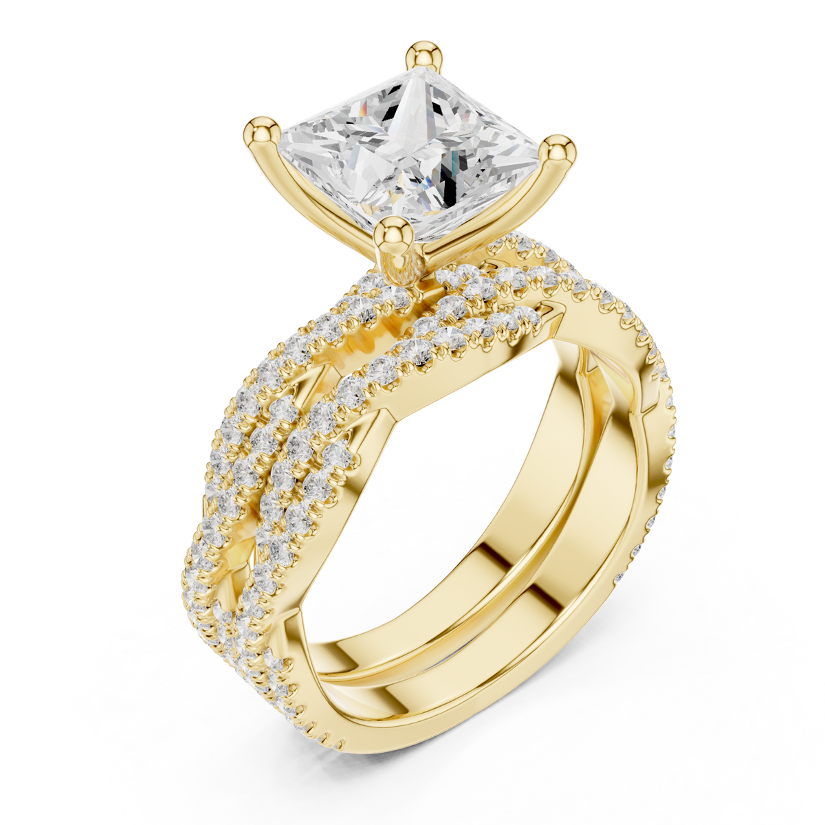 Princess-cut twisted pave solitaire bridal set yellow gold front view