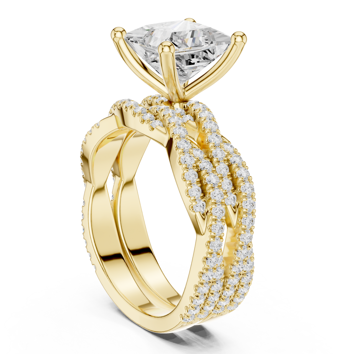 Princess-cut twisted pave solitaire bridal set yellow gold side view