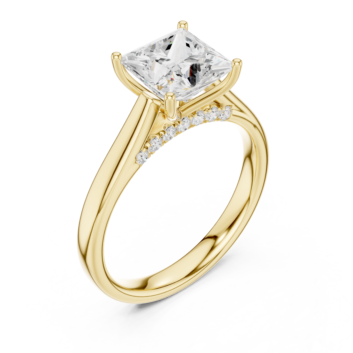 Princess accent shoulder cathedral solitaire engagement ring yellow gold angle view