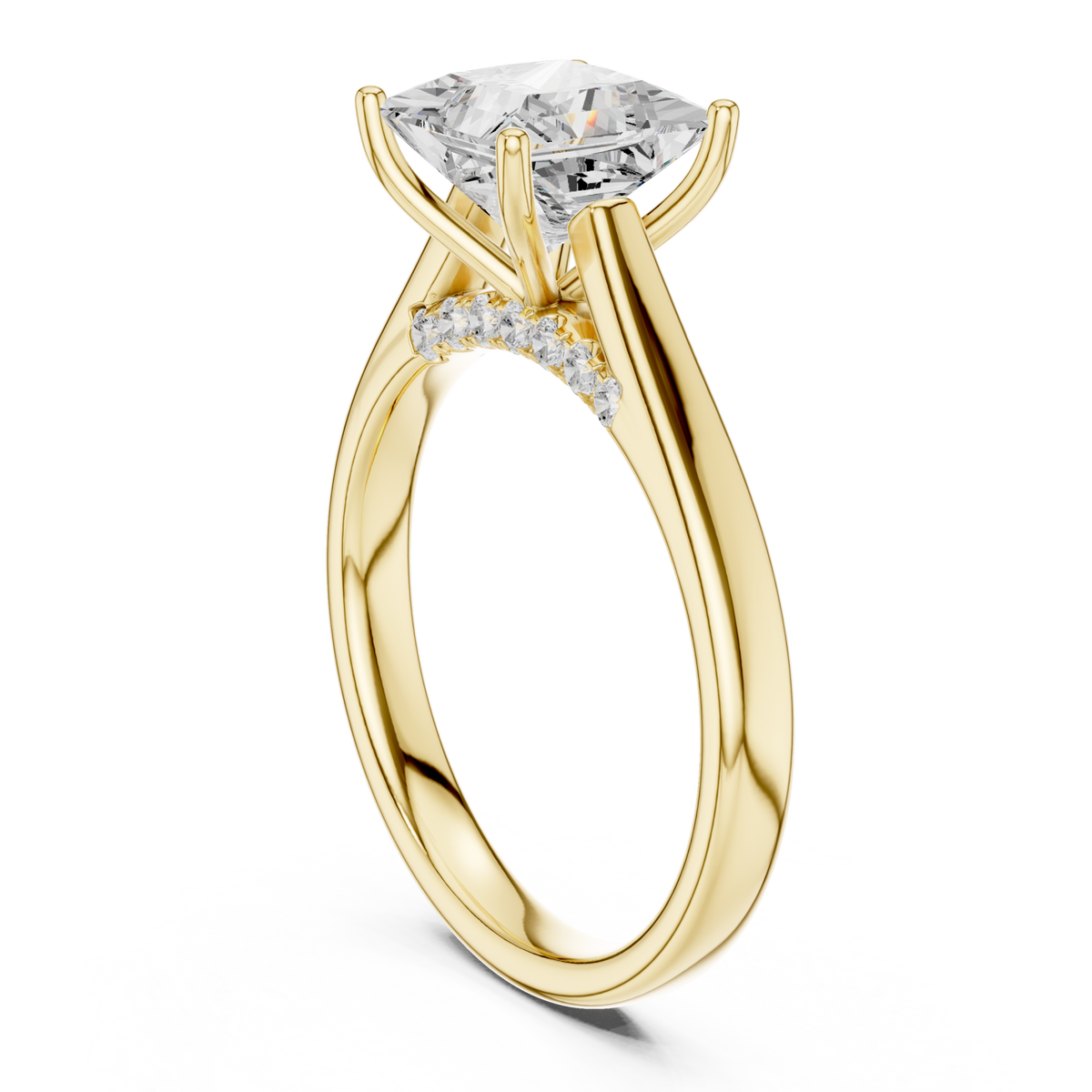 Princess accent shoulder cathedral solitaire engagement ring yellow gold front view