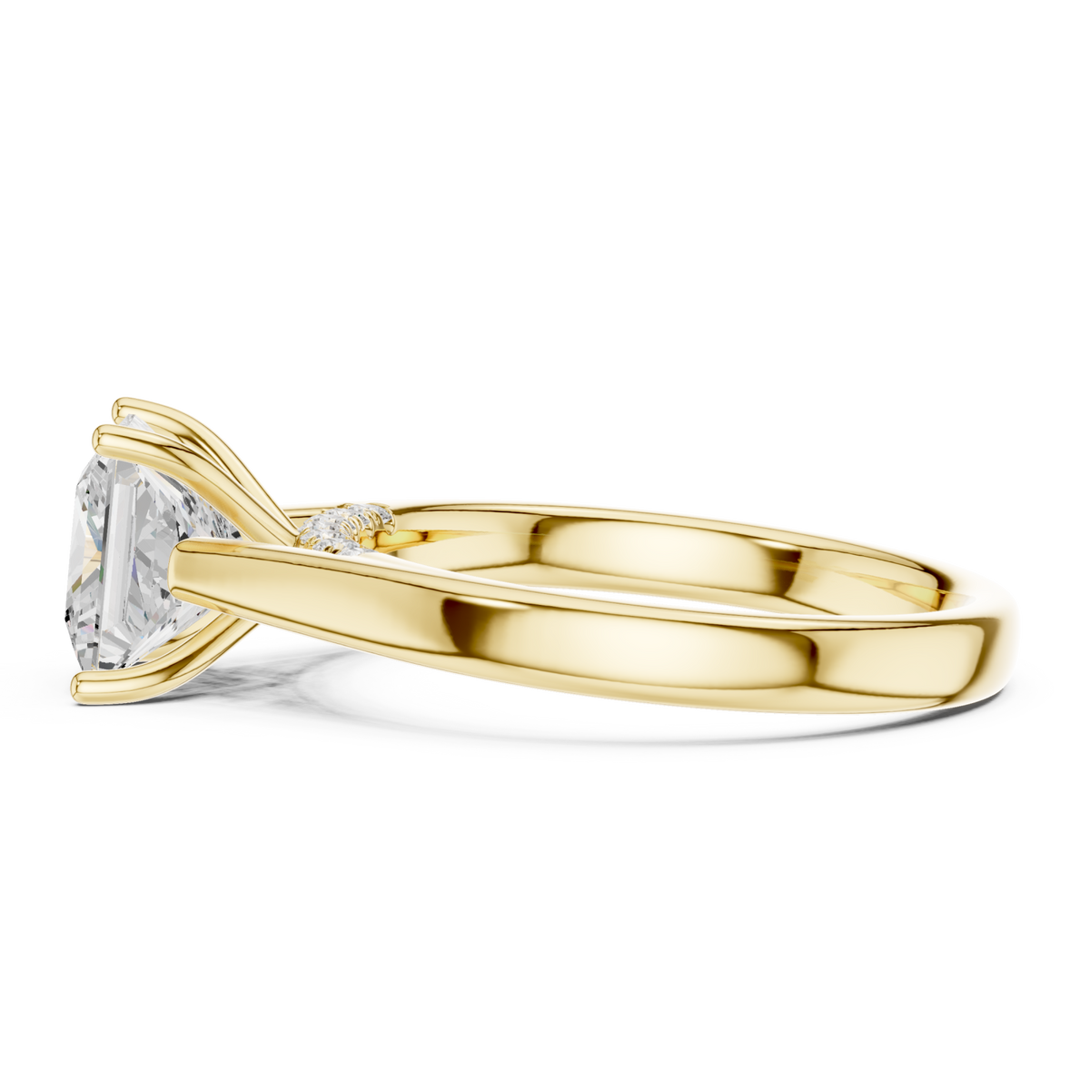 Princess accent shoulder cathedral solitaire engagement ring yellow gold side view