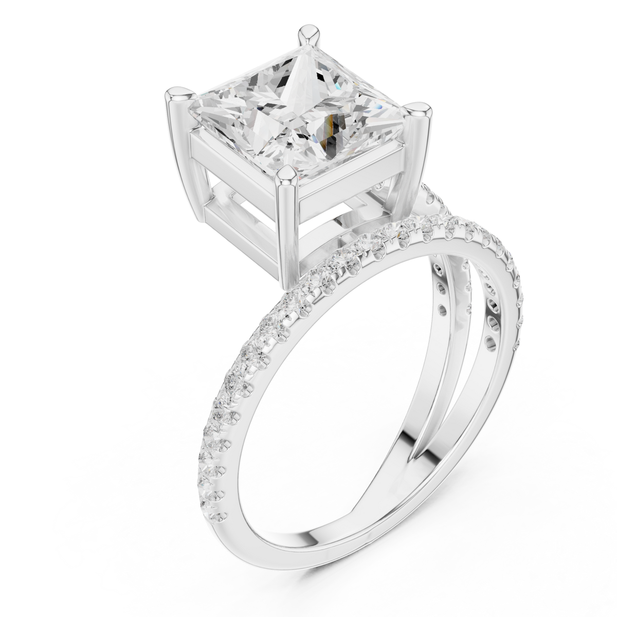 Princess asymmetric crossover pave ring white gold angle view