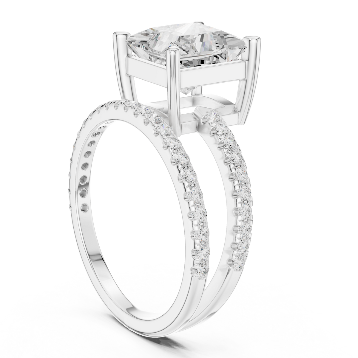 Princess asymmetric crossover pave ring white gold front view