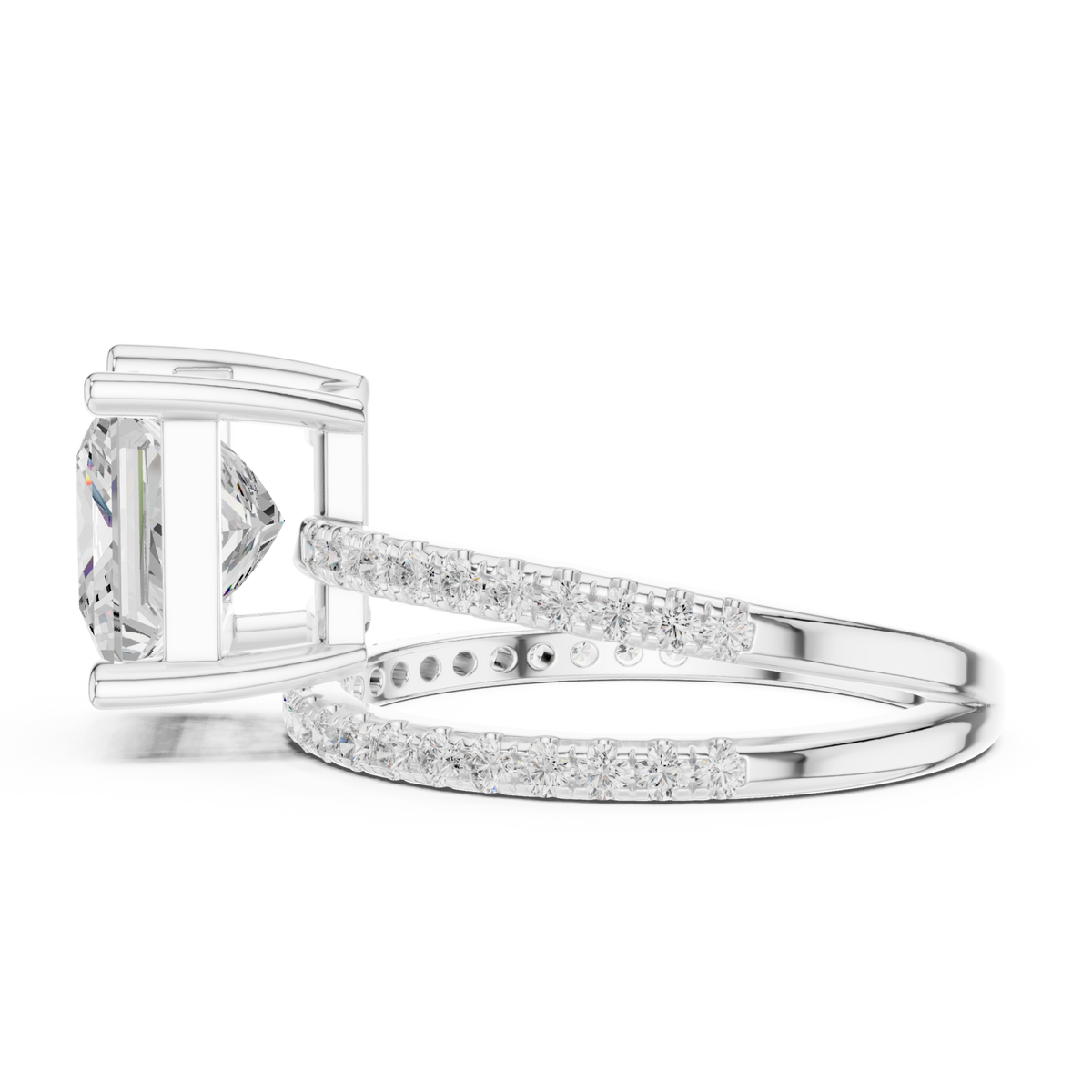 Princess asymmetric crossover pave ring white gold side view