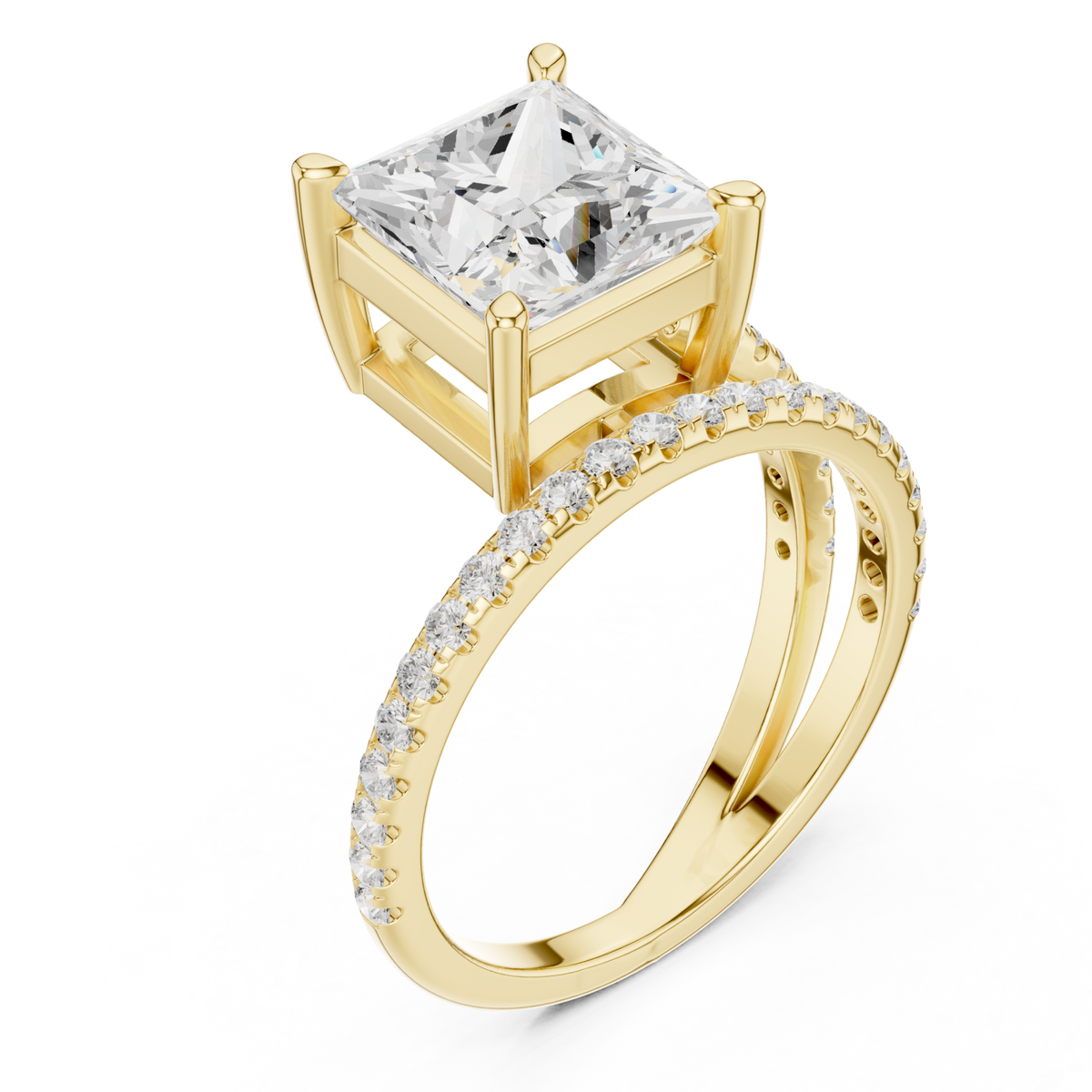 Princess asymmetric crossover pave ring yellow gold angle view