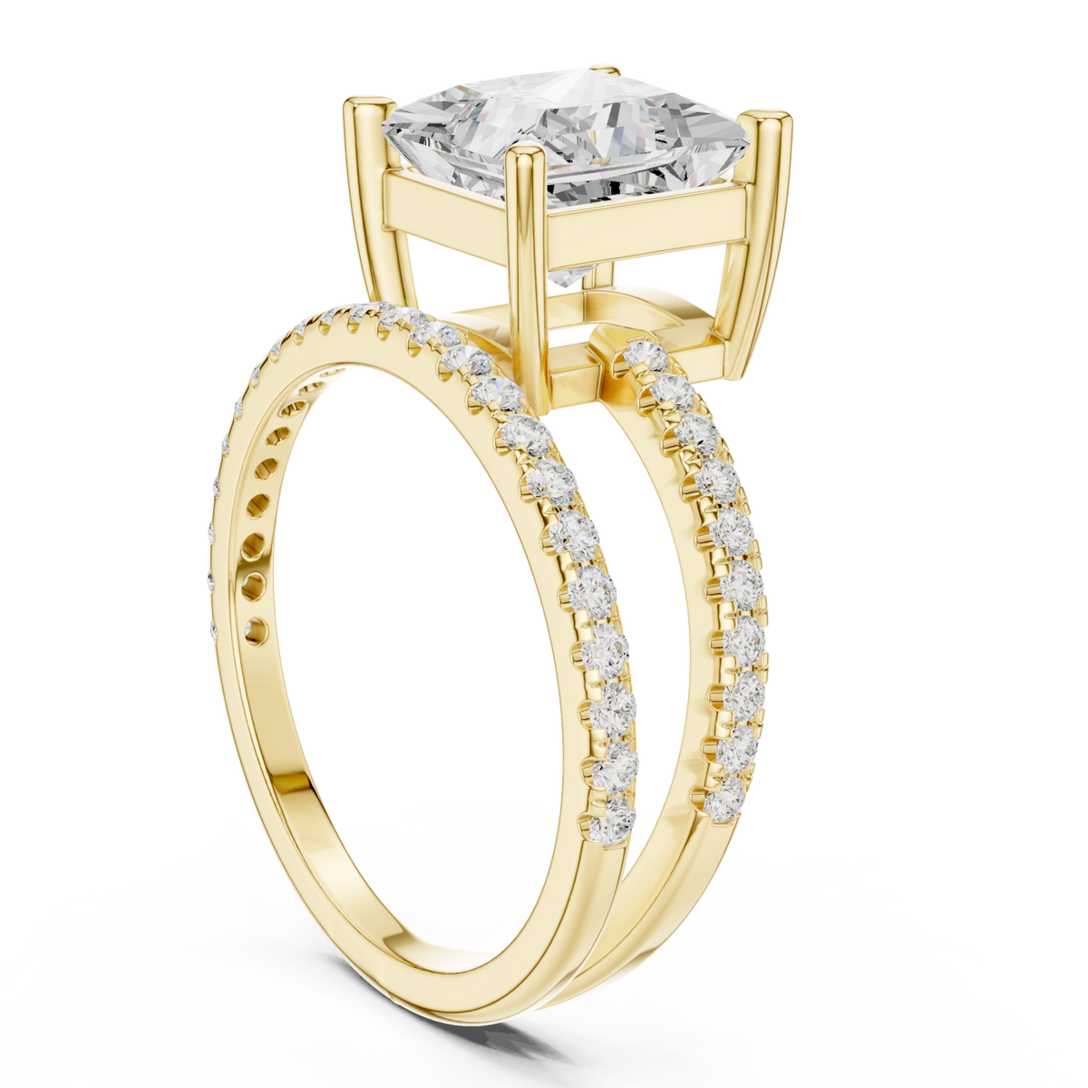 Princess asymmetric crossover pave ring yellow gold front view