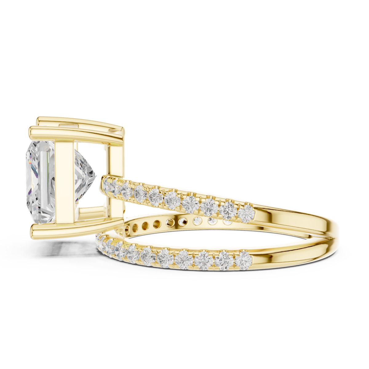 Princess asymmetric crossover pave ring yellow gold side view