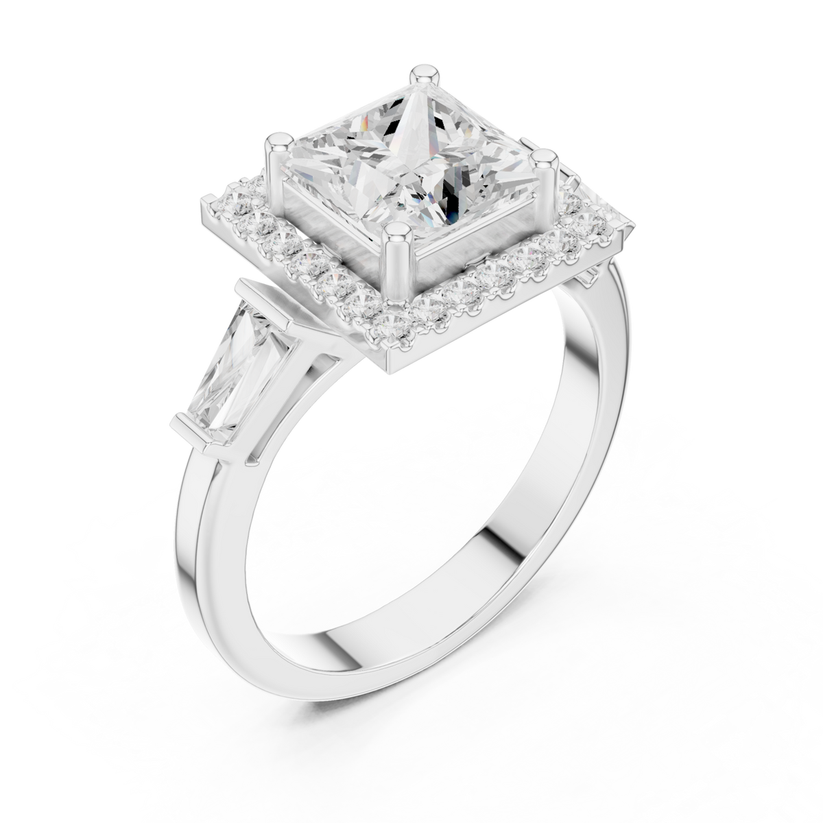 Princess baguette shoulder halo engagement ring white gold angle view