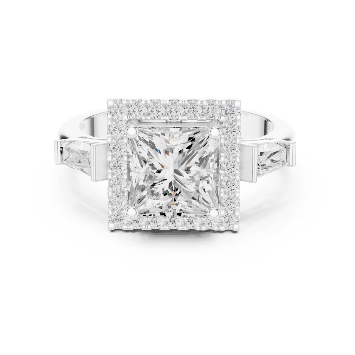 Princess baguette shoulder halo engagement ring white gold detail view