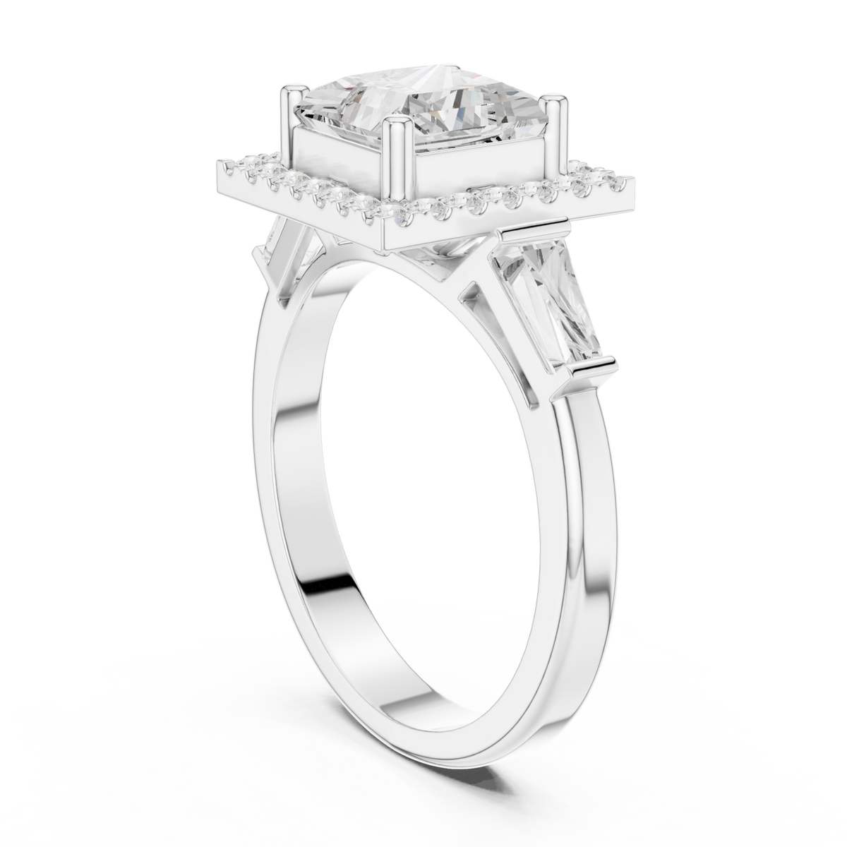 Princess baguette shoulder halo engagement ring white gold front view