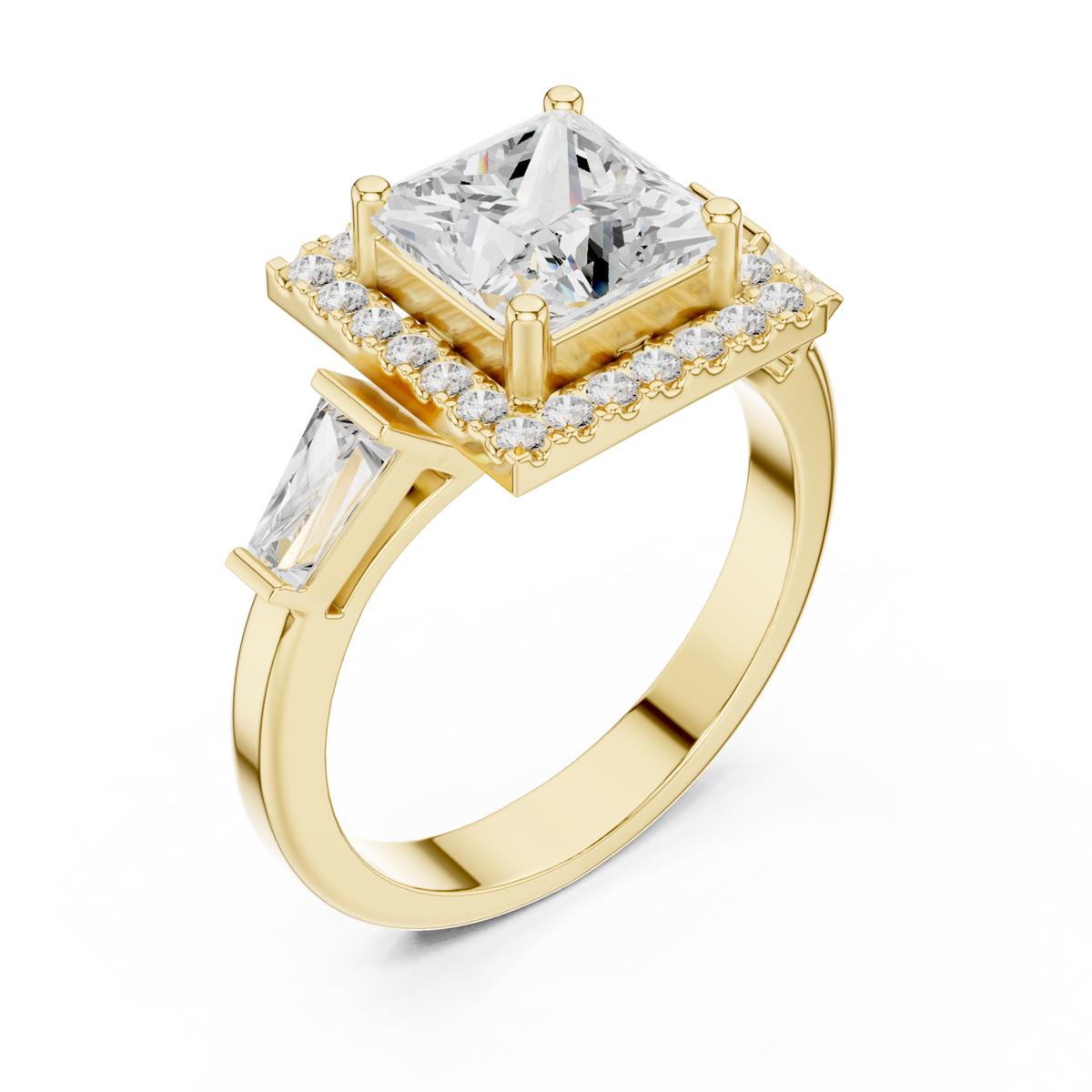 Princess baguette shoulder halo engagement ring yellow gold angle view