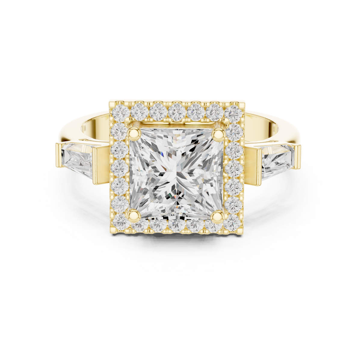 Princess baguette shoulder halo engagement ring yellow gold detail view