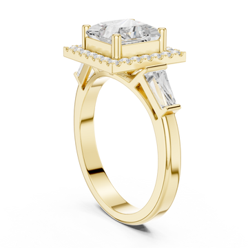 Princess baguette shoulder halo engagement ring yellow gold front view