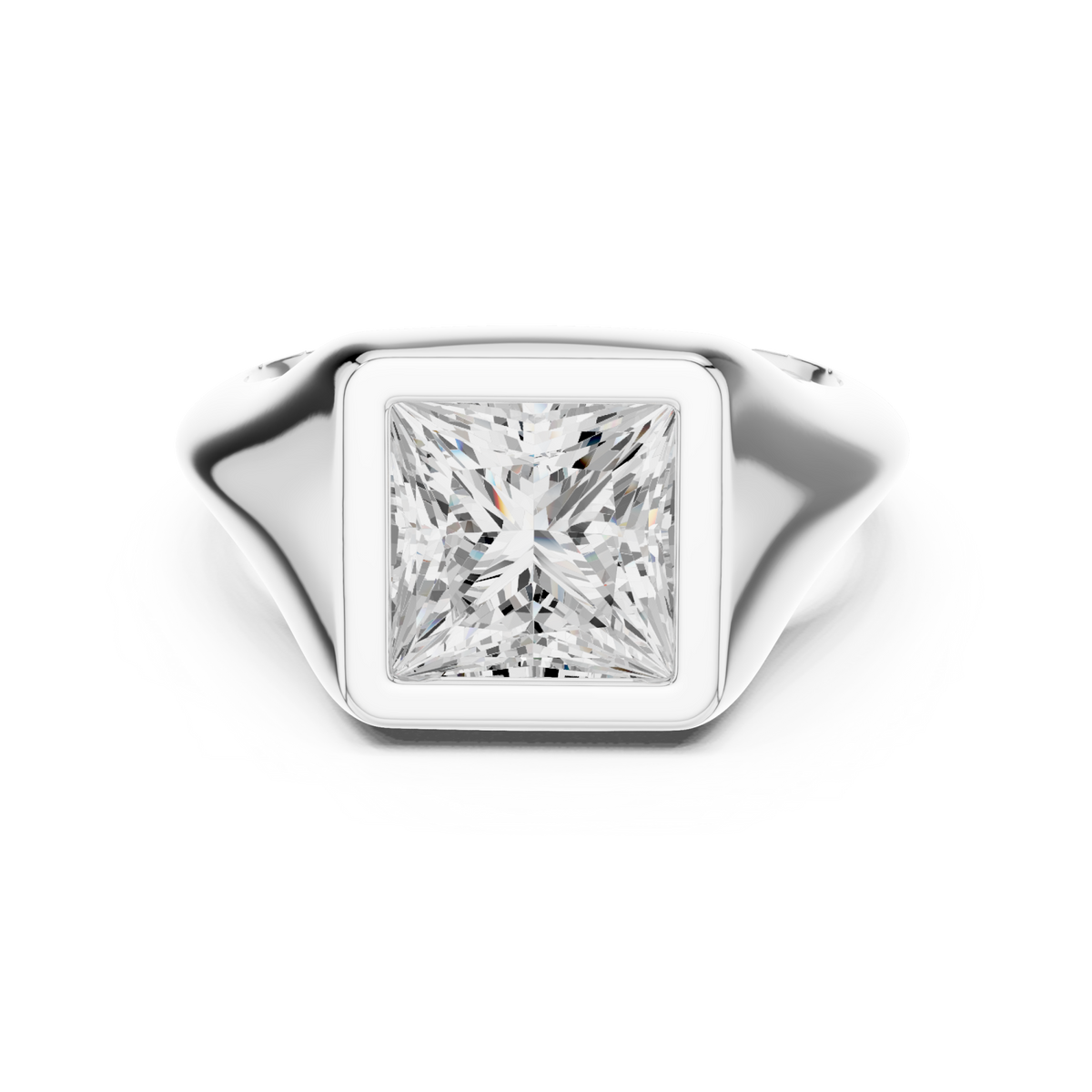 Princess bezel signet ring white gold detail view