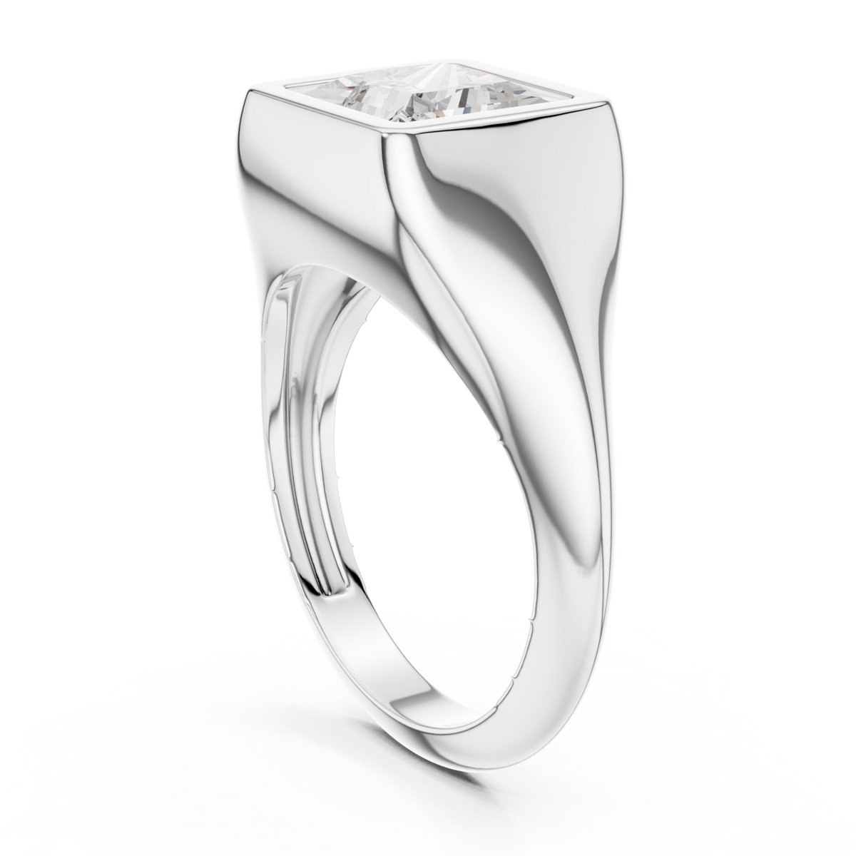 Princess bezel signet ring white gold front view
