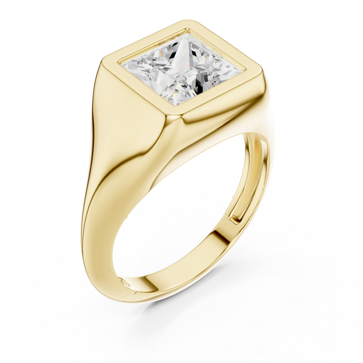 Princess bezel signet ring yellow gold angle view