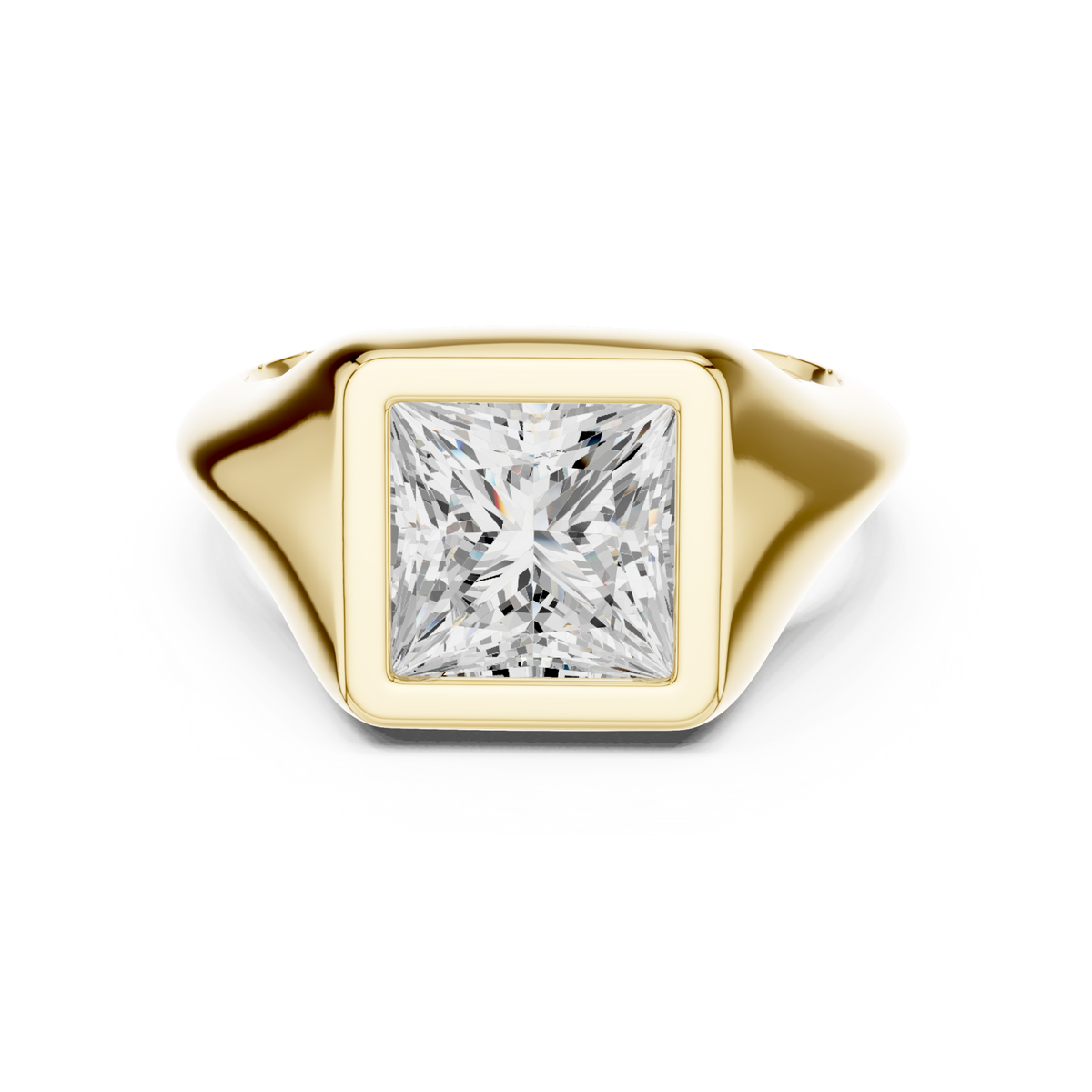 Princess bezel signet ring yellow gold detail view