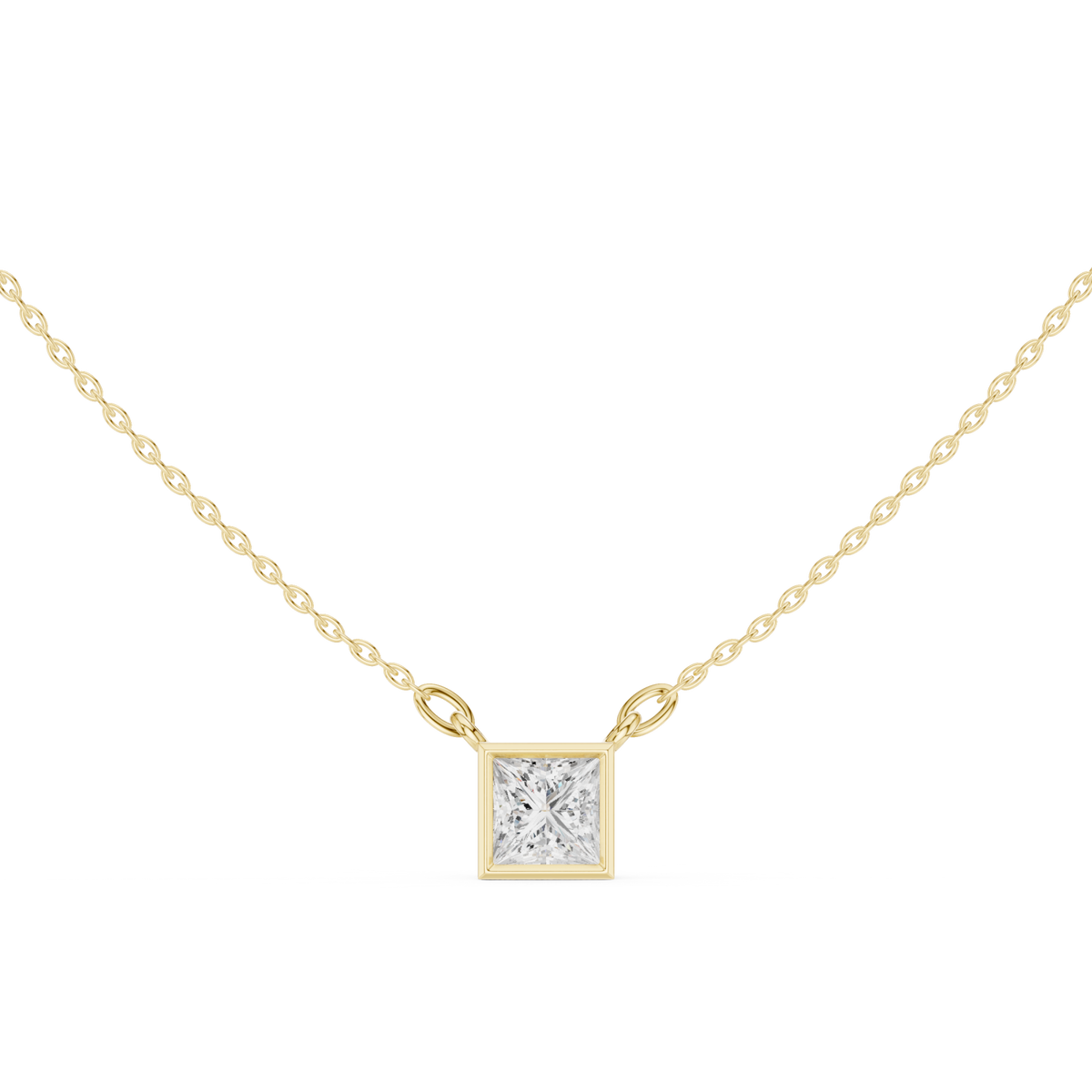Princess bezel solitaire pendant yellow gold detail view