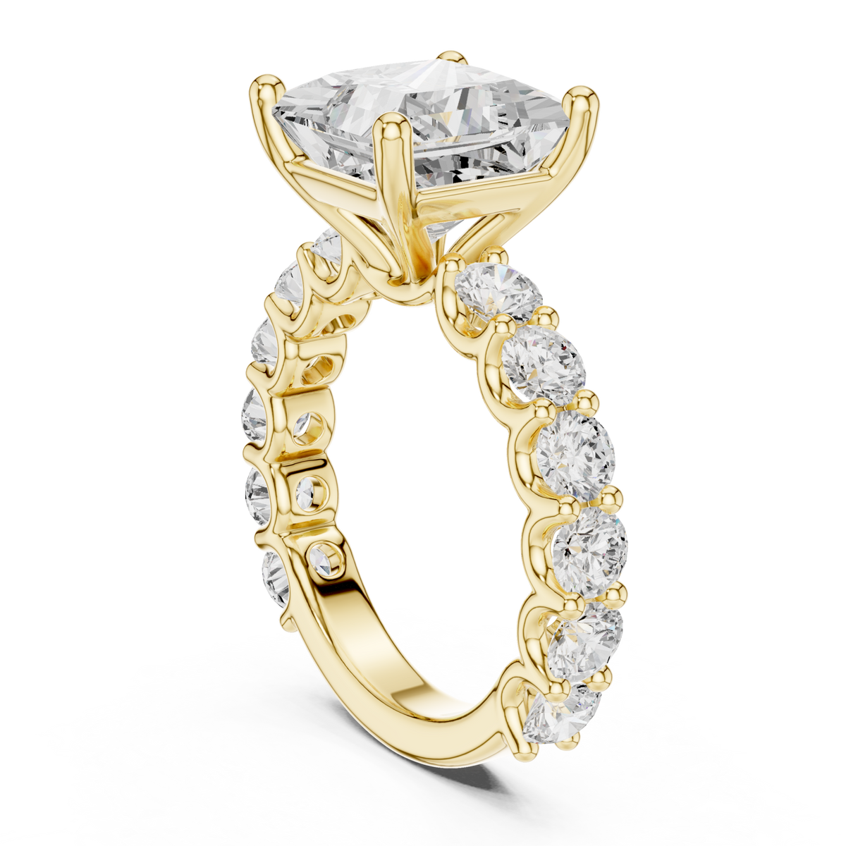 Princess bold shared-prong accent engagement ring yellow gold front view