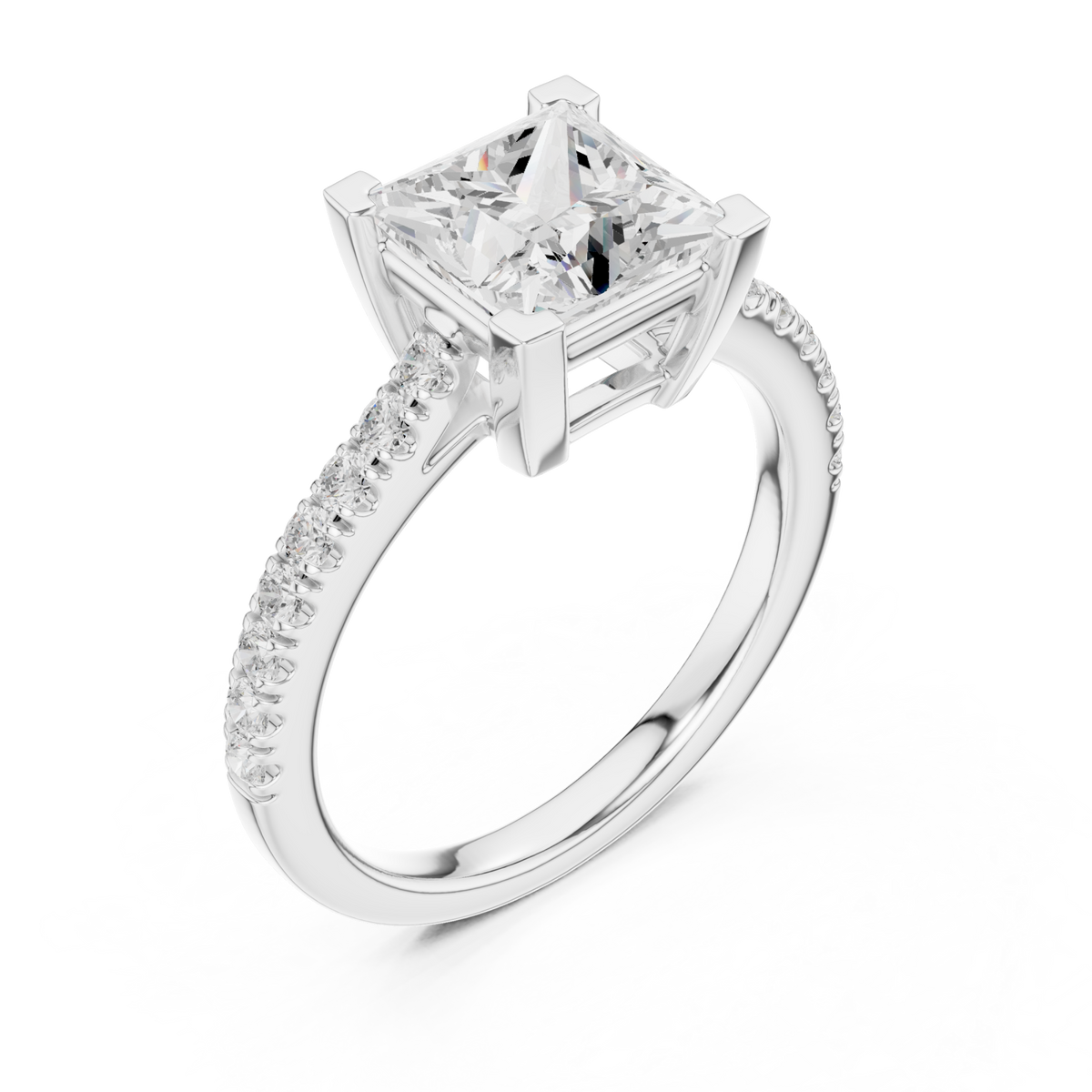 Princess cathedral pave engagement ring white gold angle view