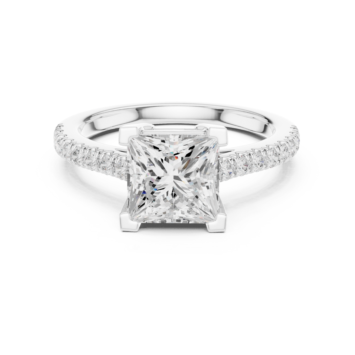 Princess cathedral pave engagement ring white gold detail view