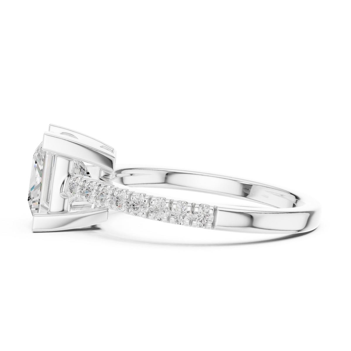 Princess cathedral pave engagement ring white gold side view