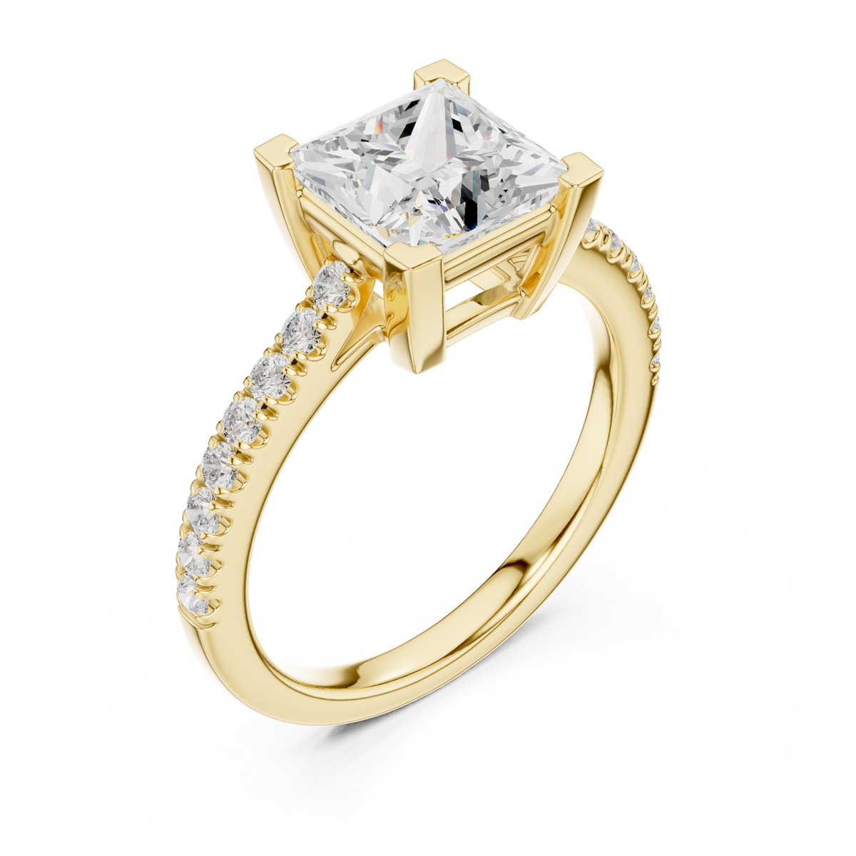 Princess cathedral pave engagement ring yellow gold angle view