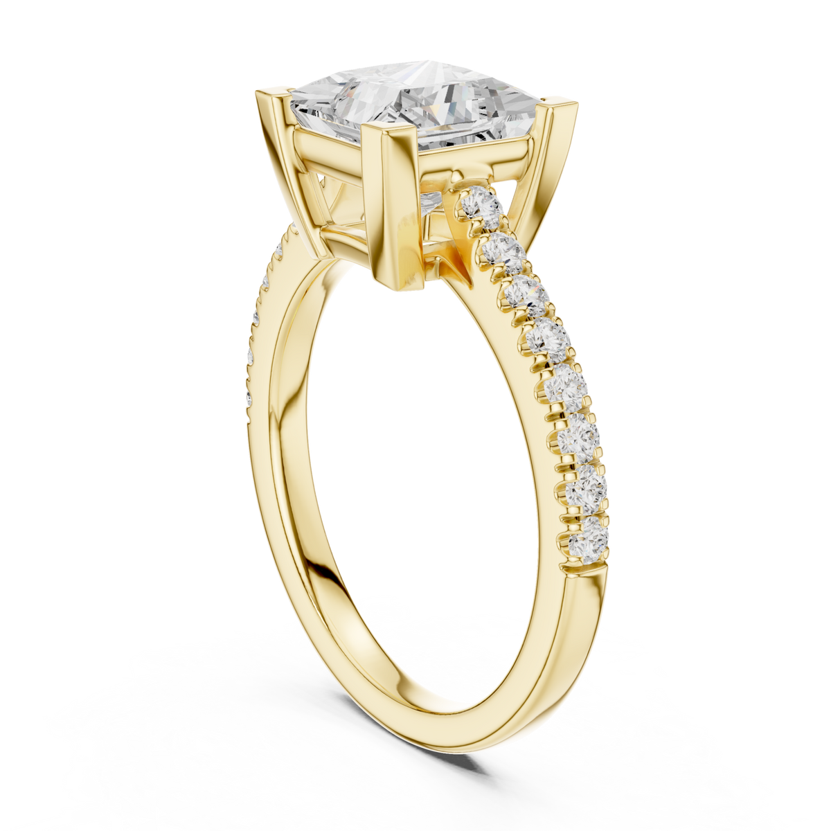 Princess cathedral pave engagement ring yellow gold front view