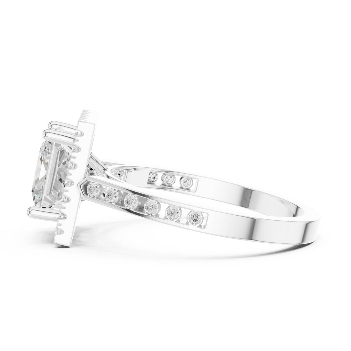 Princess channel band halo engagement ring white gold side view
