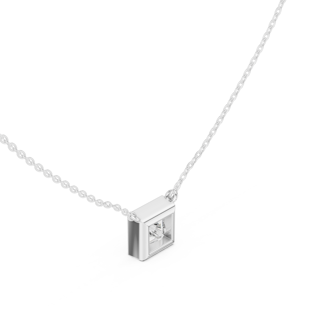 Princess classic bezel solitaire pendant white gold front view
