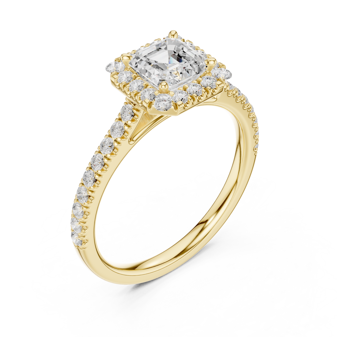 Princess classic halo pave engagement ring yellow gold front view
