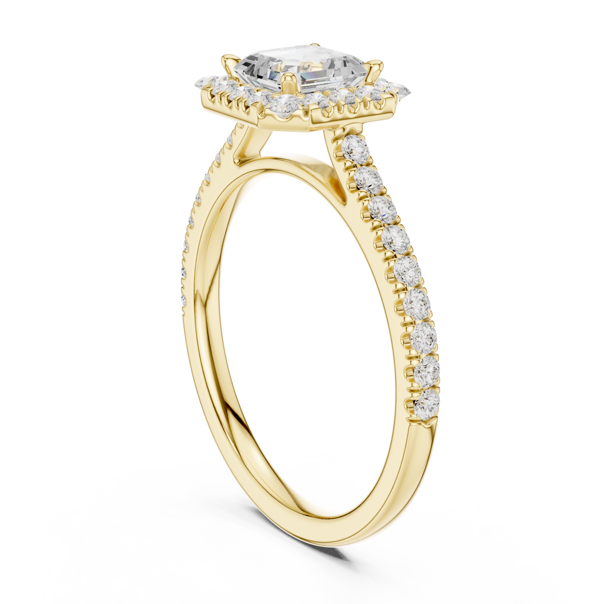 Princess classic halo pave engagement ring yellow gold front view