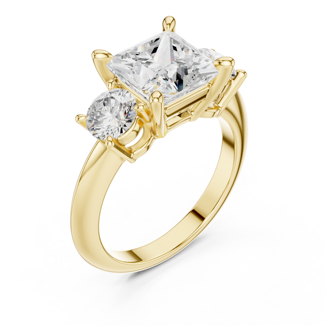 Princess classic three stone engagement ring yellow gold front view