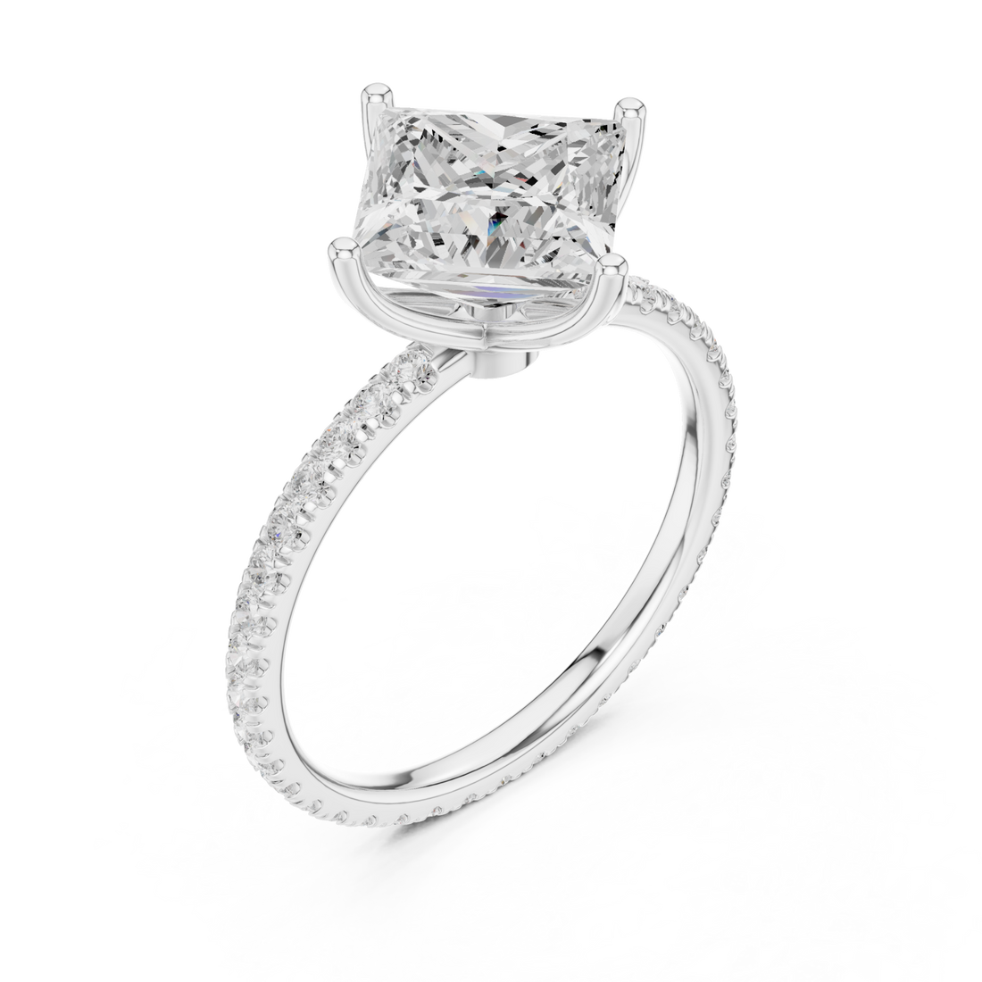 Princess claw-prong pave engagement ring white gold front view