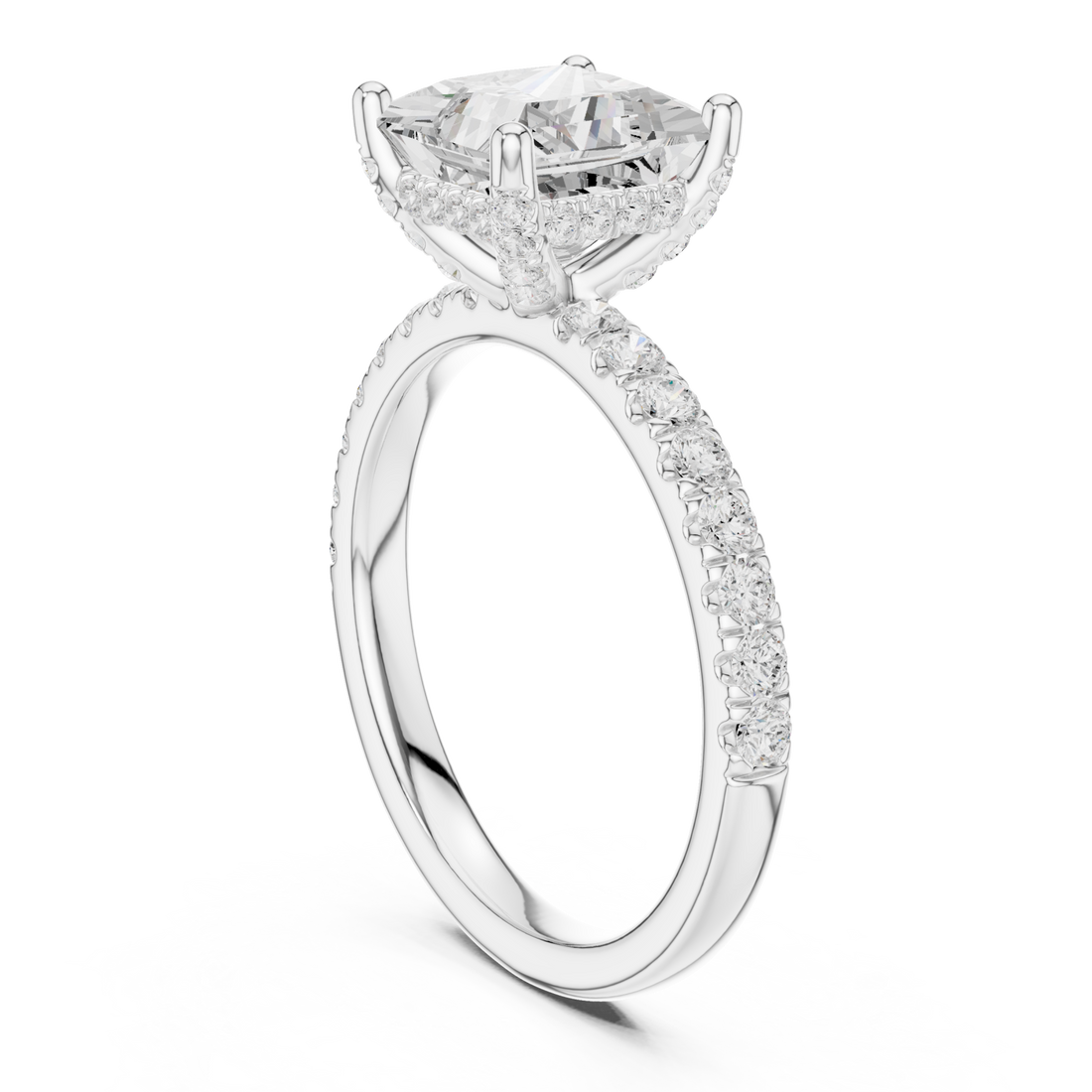 Princess compass hidden halo pave engagement ring white gold front view