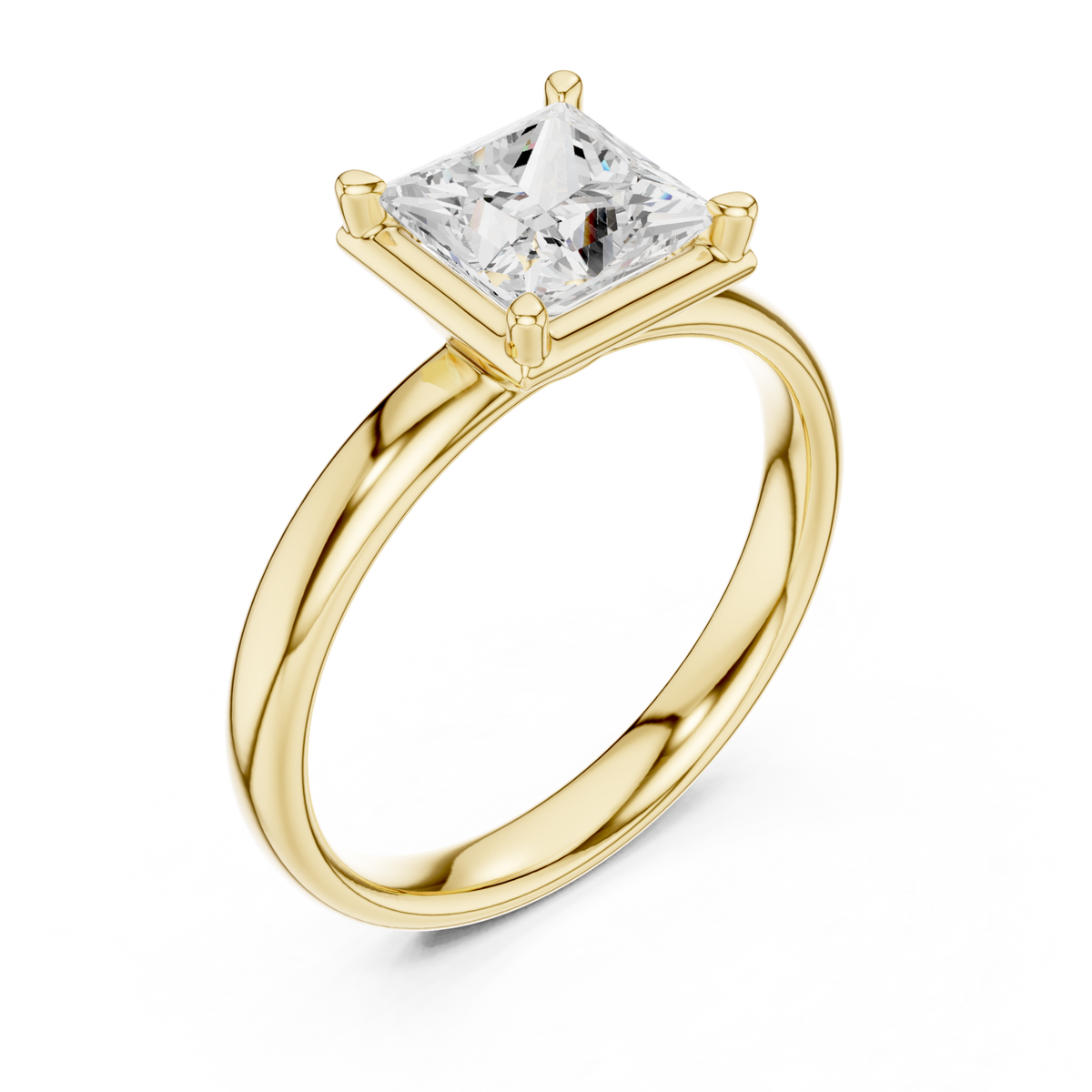 Princess compass point solitaire engagement ring yellow gold angle view